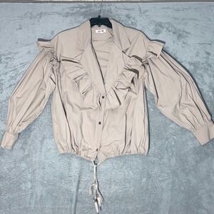 Mazik Taupe Ruffled Snap Front Jacket Boho Lightweight‎ Size L Drawstring Hem